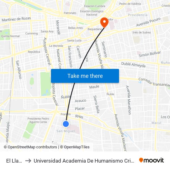 El Llano to Universidad Academia De Humanismo Cristiano map