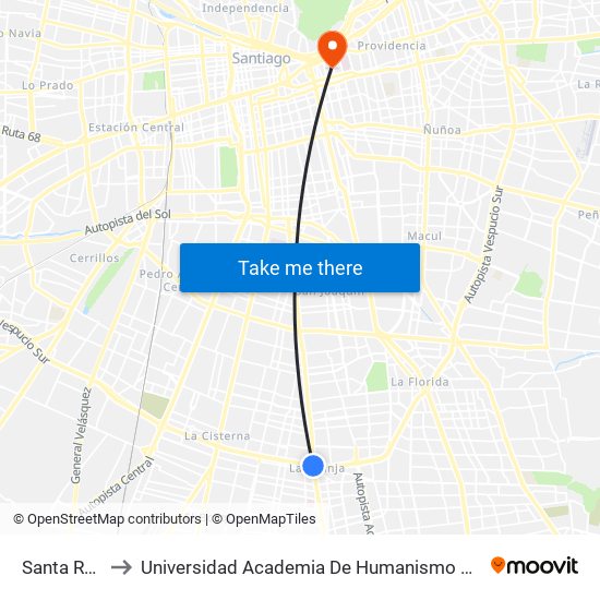Santa Rosa to Universidad Academia De Humanismo Cristiano map