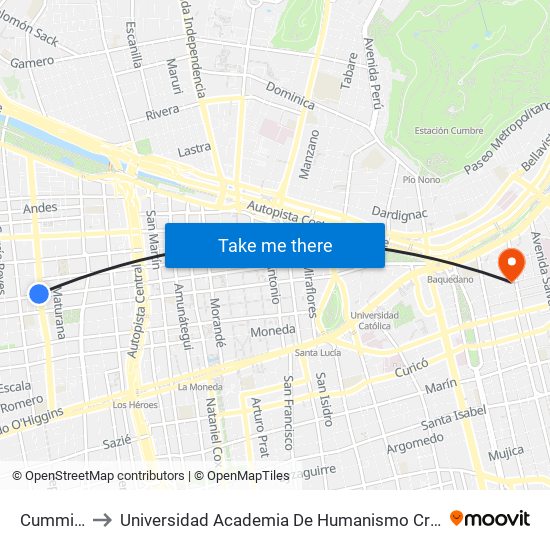 Cumming to Universidad Academia De Humanismo Cristiano map