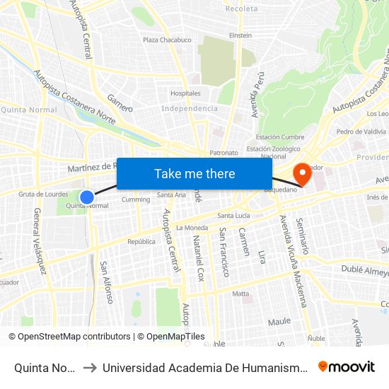 Quinta Normal to Universidad Academia De Humanismo Cristiano map