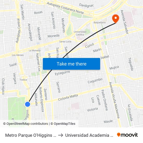 Metro Parque O'Higgins (Av. Tupper Esq. Av. Viel) to Universidad Academia De Humanismo Cristiano map