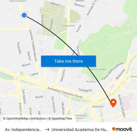 Av. Independencia Esq. Francia to Universidad Academia De Humanismo Cristiano map