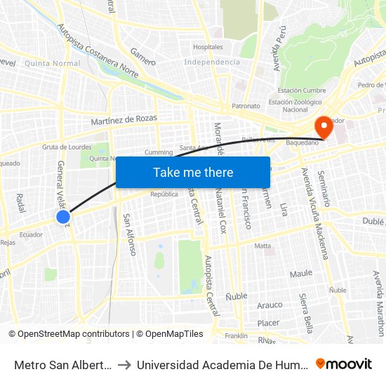 Metro San Alberto Hurtado to Universidad Academia De Humanismo Cristiano map