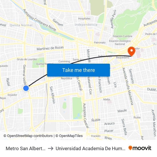 Metro San Alberto Hurtado to Universidad Academia De Humanismo Cristiano map