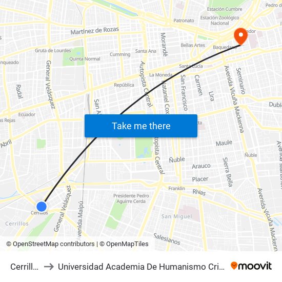 Cerrillos to Universidad Academia De Humanismo Cristiano map