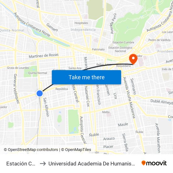 Estación Central to Universidad Academia De Humanismo Cristiano map