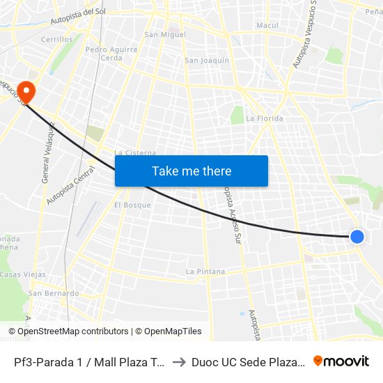 Pf3-Parada 1 / Mall Plaza Tobalaba to Duoc UC Sede Plaza Oeste map