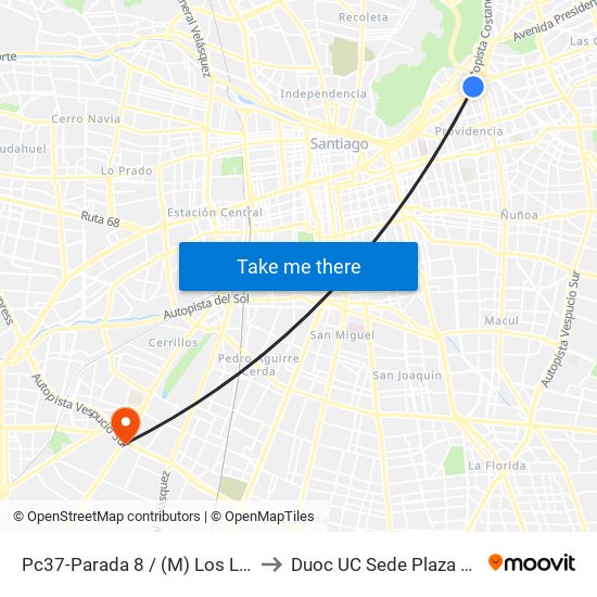 Pc37-Parada 8 / (M) Los Leones to Duoc UC Sede Plaza Oeste map