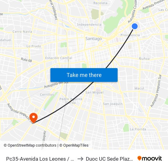 Pc35-Avenida Los Leones / Esq. Lota to Duoc UC Sede Plaza Oeste map