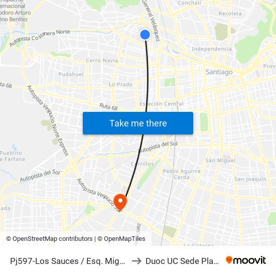 Pj597-Los Sauces / Esq. Miguel De Atero to Duoc UC Sede Plaza Oeste map