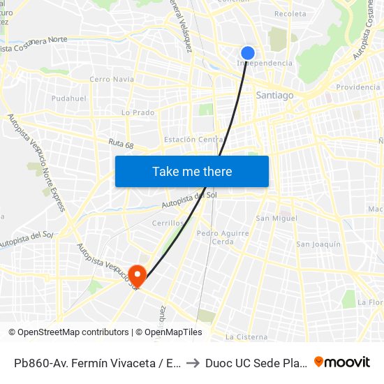 Pb860-Av. Fermín Vivaceta / Esq. El Molino to Duoc UC Sede Plaza Oeste map
