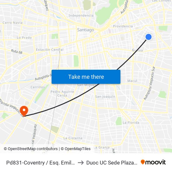 Pd831-Coventry / Esq. Emilia Téllez to Duoc UC Sede Plaza Oeste map