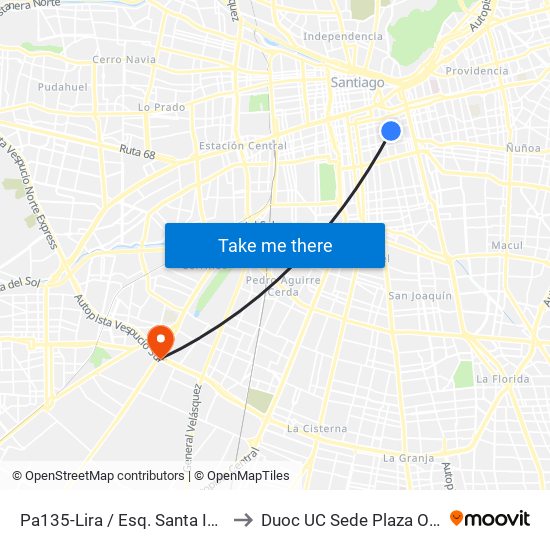 Pa135-Lira / Esq. Santa Isabel to Duoc UC Sede Plaza Oeste map