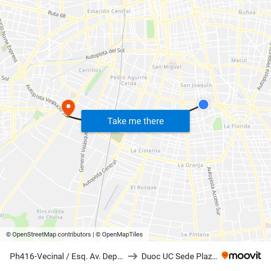 Ph416-Vecinal / Esq. Av. Departamental to Duoc UC Sede Plaza Oeste map