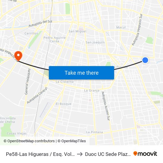 Pe58-Las Higueras / Esq. Volcán Llaima to Duoc UC Sede Plaza Oeste map