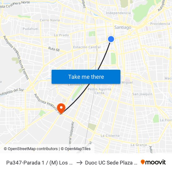Pa347-Parada 1 / (M) Los Héroes to Duoc UC Sede Plaza Oeste map