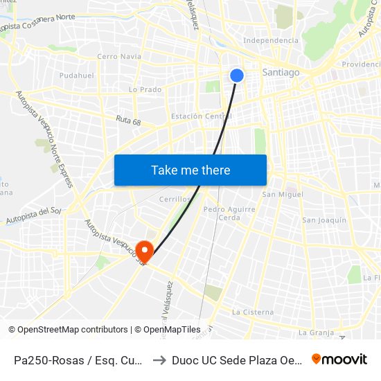 Pa250-Rosas / Esq. Cueto to Duoc UC Sede Plaza Oeste map