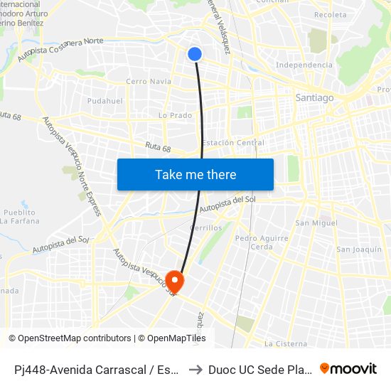 Pj448-Avenida Carrascal / Esq. Catamarca to Duoc UC Sede Plaza Oeste map