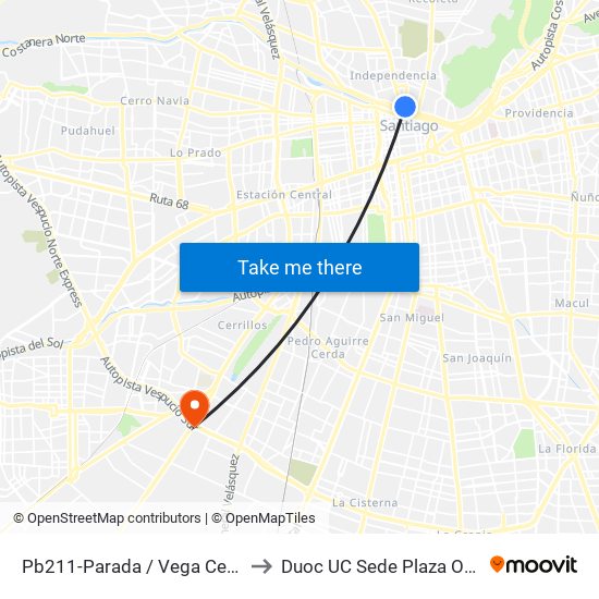 Pb211-Parada / Vega Central to Duoc UC Sede Plaza Oeste map