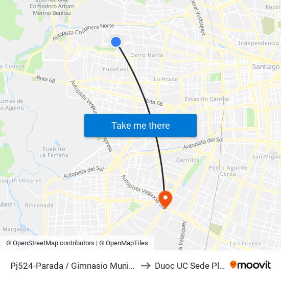 Pj524-Parada / Gimnasio Municipal Cerro Navia to Duoc UC Sede Plaza Oeste map