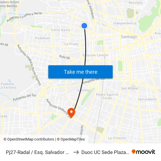 Pj27-Radal / Esq. Salvador Gutiérrez to Duoc UC Sede Plaza Oeste map