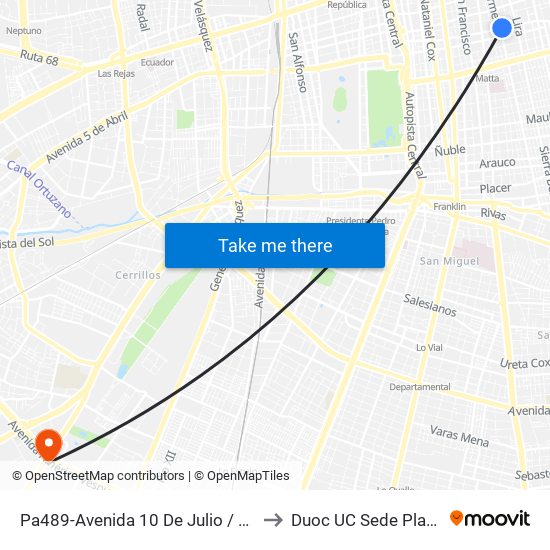 Pa489-Avenida 10 De Julio / Esq. Carmen to Duoc UC Sede Plaza Oeste map