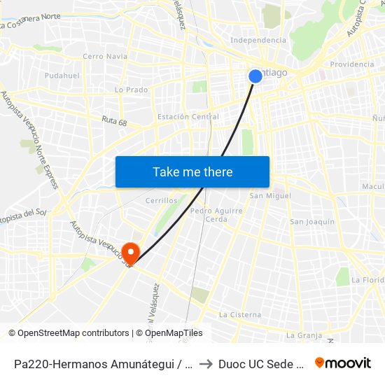 Pa220-Hermanos Amunátegui / Esq. Santo Domingo to Duoc UC Sede Plaza Oeste map