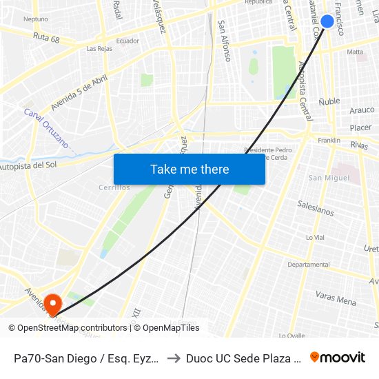 Pa70-San Diego / Esq. Eyzaguirre to Duoc UC Sede Plaza Oeste map