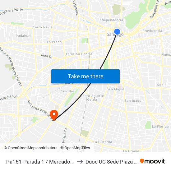 Pa161-Parada 1 / Mercado Central to Duoc UC Sede Plaza Oeste map