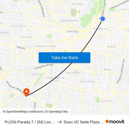 Pc206-Parada 7 / (M) Los Leones to Duoc UC Sede Plaza Oeste map