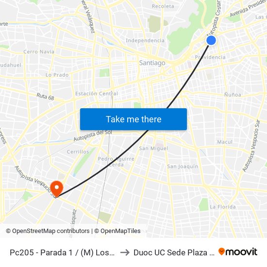 Pc205 - Parada 1 / (M) Los Leones to Duoc UC Sede Plaza Oeste map