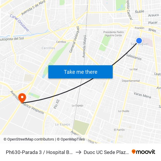 Ph630-Parada 3 / Hospital Barros Luco to Duoc UC Sede Plaza Oeste map