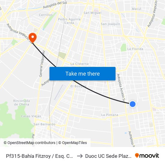 Pf315-Bahía Fitzroy / Esq. Creta-Norte to Duoc UC Sede Plaza Oeste map