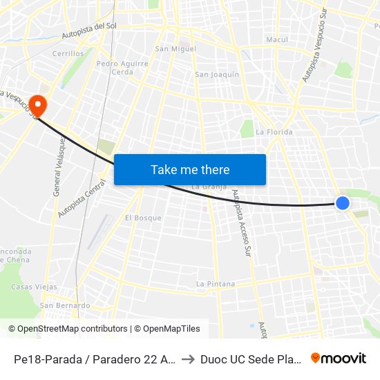 Pe18-Parada / Paradero 22 Av. La Florida to Duoc UC Sede Plaza Oeste map