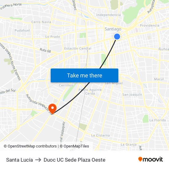 Santa Lucía to Duoc UC Sede Plaza Oeste map