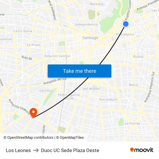 Los Leones to Duoc UC Sede Plaza Oeste map