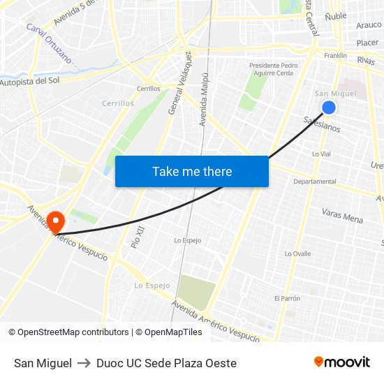 San Miguel to Duoc UC Sede Plaza Oeste map