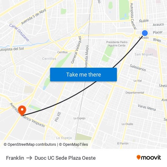 Franklin to Duoc UC Sede Plaza Oeste map