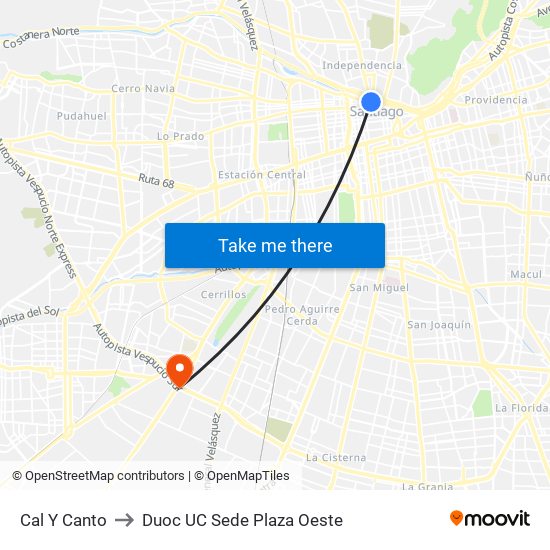 Cal Y Canto to Duoc UC Sede Plaza Oeste map
