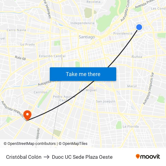 Cristóbal Colón to Duoc UC Sede Plaza Oeste map