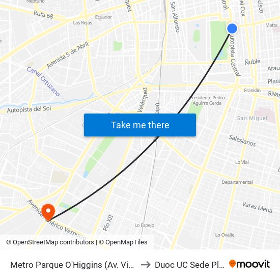 Metro Parque O'Higgins (Av. Viel Esq. Av. Matta) to Duoc UC Sede Plaza Oeste map