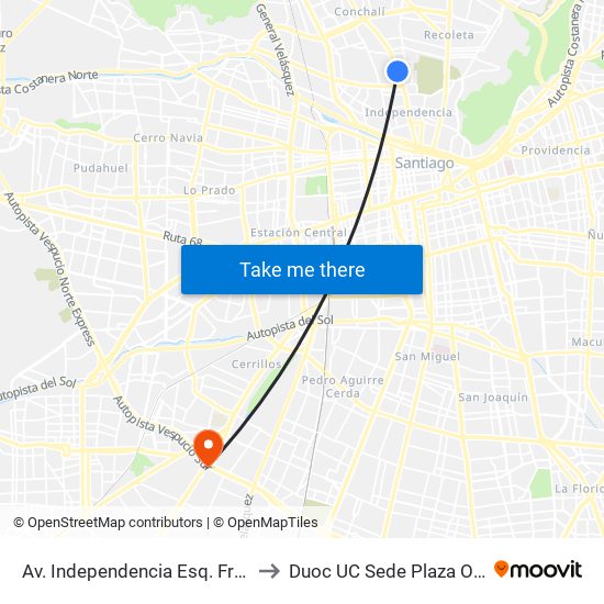 Av. Independencia Esq. Francia to Duoc UC Sede Plaza Oeste map