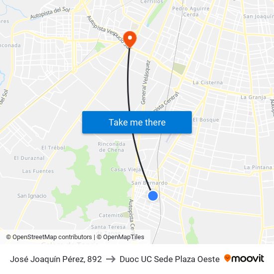 José Joaquín Pérez, 892 to Duoc UC Sede Plaza Oeste map
