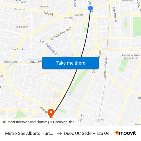 Metro San Alberto Hurtado to Duoc UC Sede Plaza Oeste map