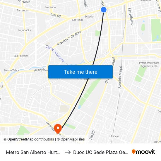 Metro San Alberto Hurtado to Duoc UC Sede Plaza Oeste map