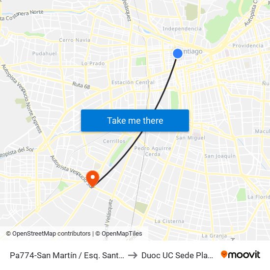 Pa774-San Martín / Esq. Santo Domingo to Duoc UC Sede Plaza Oeste map