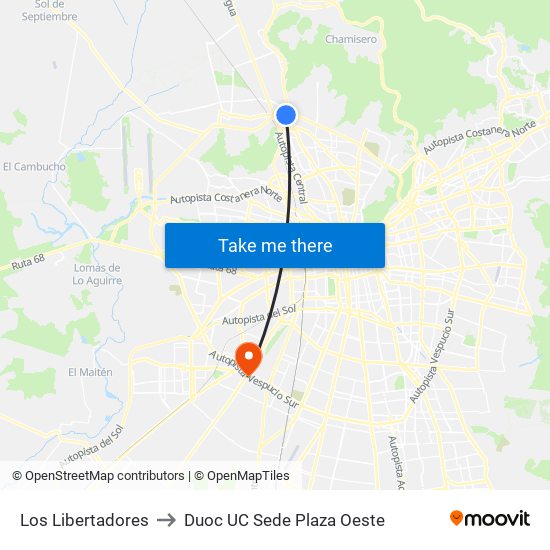 Los Libertadores to Duoc UC Sede Plaza Oeste map