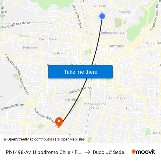Pb1498-Av. Hipódromo Chile / Esq. Av. Fermín Vivaceta to Duoc UC Sede Plaza Oeste map