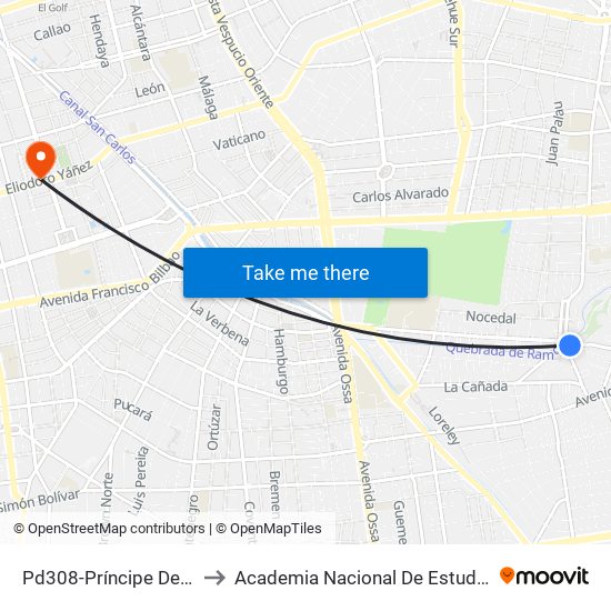 Pd308-Príncipe De Gales / Esq. S. Izquierdo to Academia Nacional De Estudios Políticos Y Estratégicos (Anepe) map