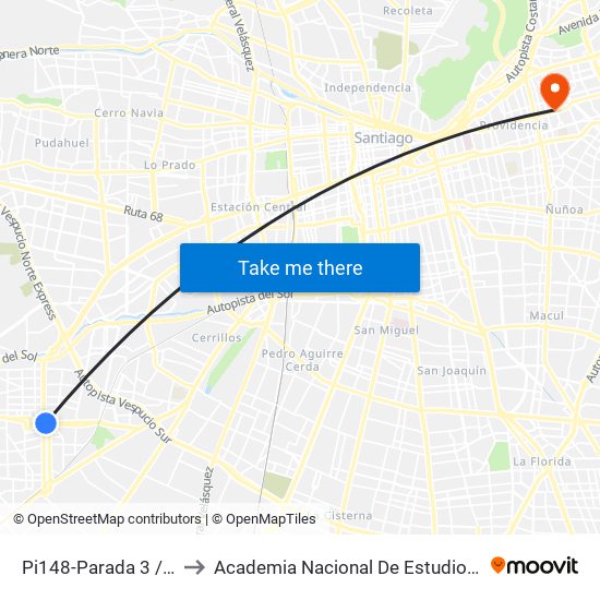 Pi148-Parada 3 / (M) Plaza De Maipú to Academia Nacional De Estudios Políticos Y Estratégicos (Anepe) map